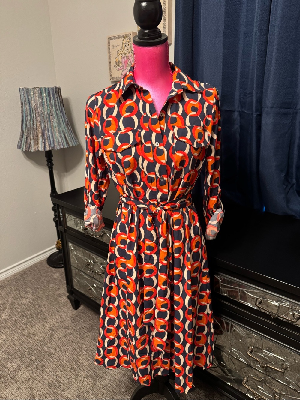 NY Collection Navy, Orange & Cream Geometric Shirt Dress with Tie Waist
